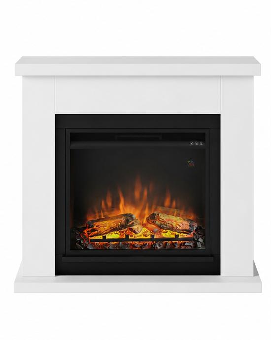 Vista frontal de una chimenea eléctrica TAGU con revestimiento Frode blanco y efecto de llama encendido.
